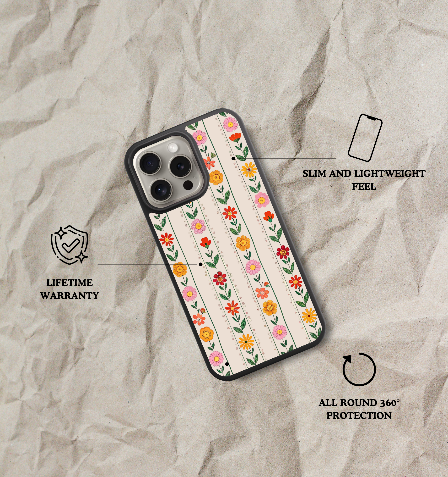 Phone case with floral design on crumpled paper background